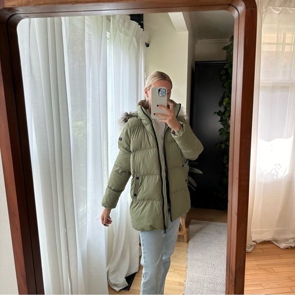 Sam Edelman Water Repellent Faux Fur Trim Puffer Jacket Quilted Green Women's M - Picture 2 of 13
